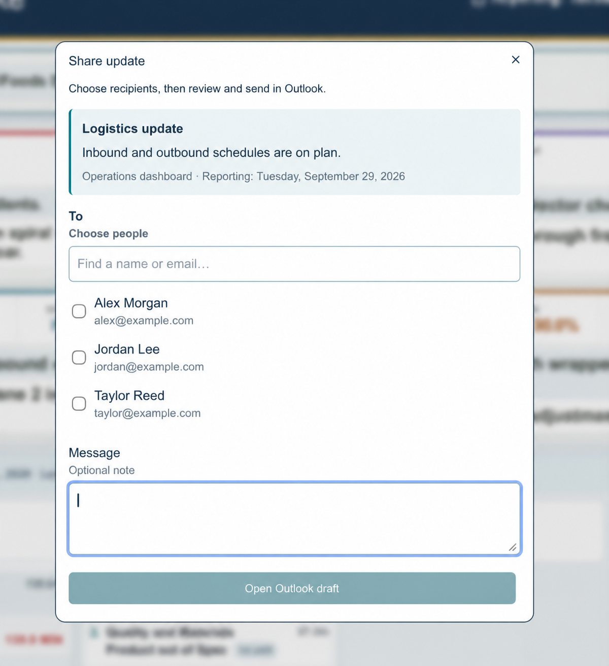 Share update dialog with fictional recipients and an Open Outlook draft button